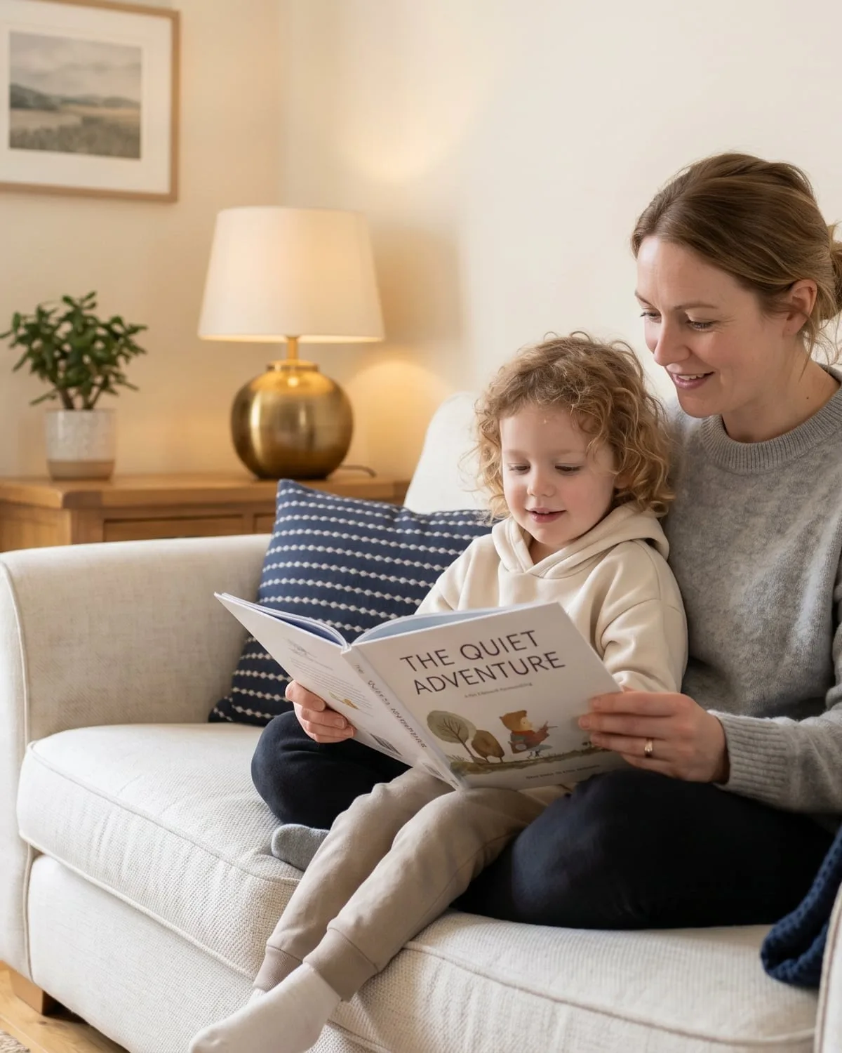 A mother and child reading a book together in the living room of a home
